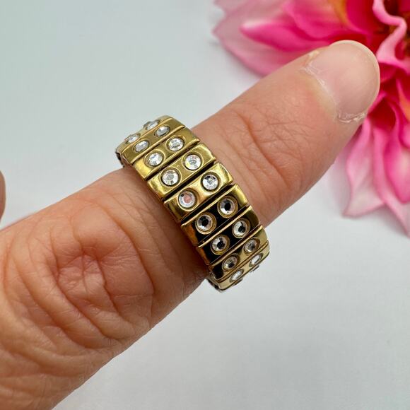 Swarovski Crystal Expansion Stretch Ring Gold Tone Swan Signed Expandable - Picture 8 of 13